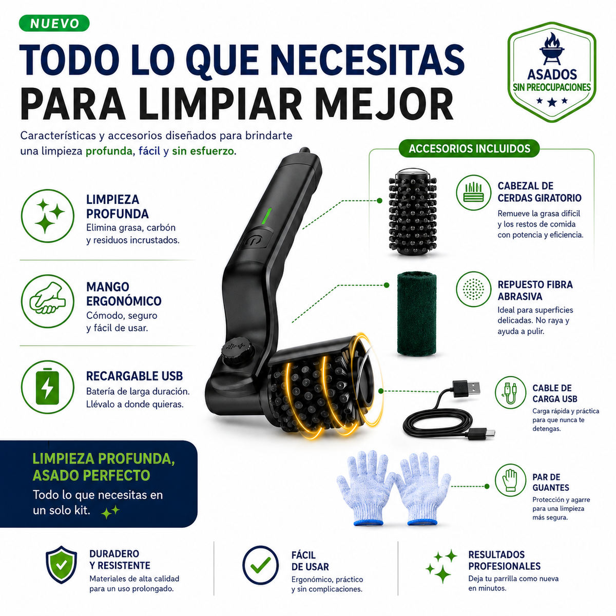 Cepillo Limpia Parrilla con Cabezal Ajustable + Accesorios de regalo