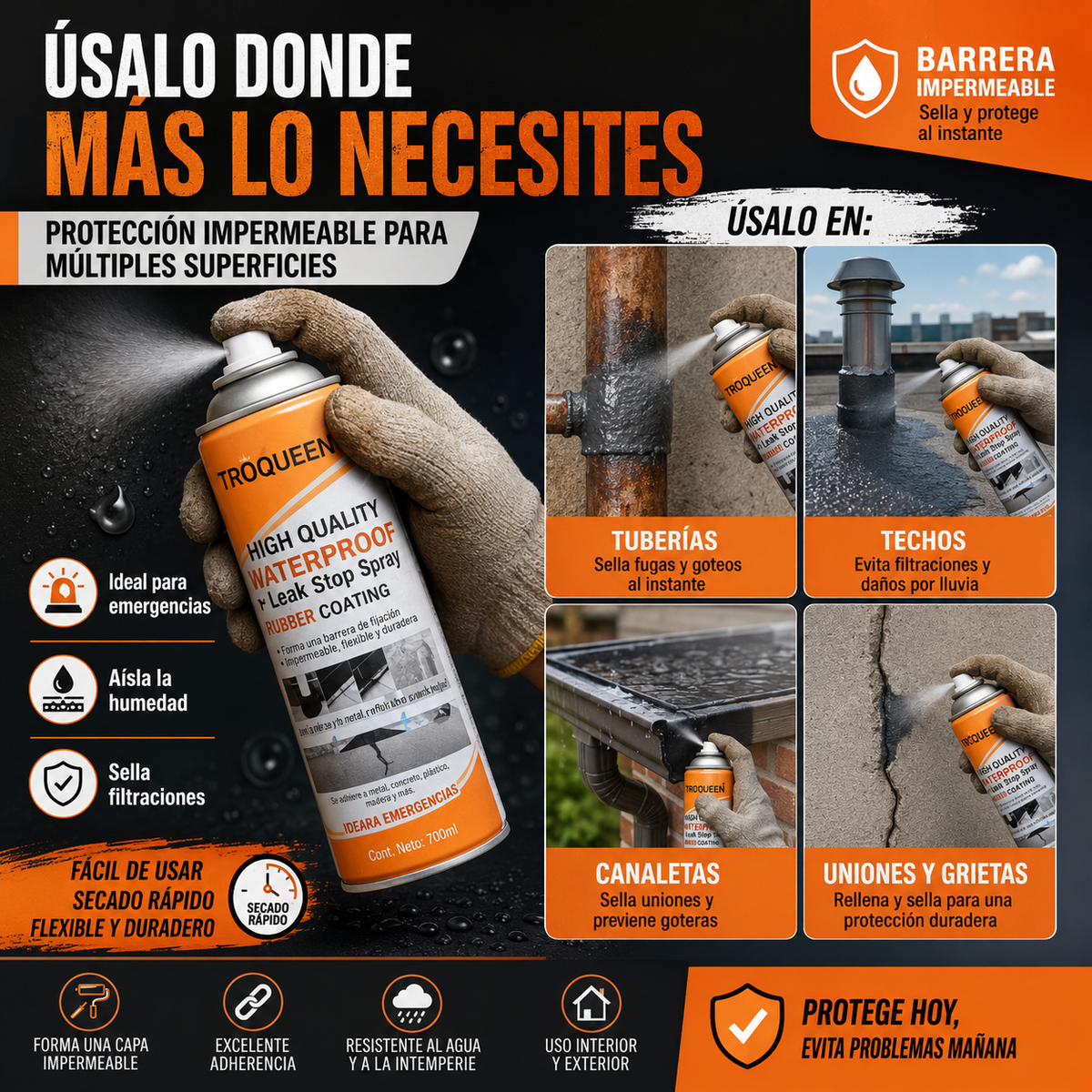 SPRAY ANTI GOTERAS 700ml - RECUBRIMIENTO DE CAUCHO FLEXIBLE PARA TECHOS, CANALETAS Y TUBERÍAS