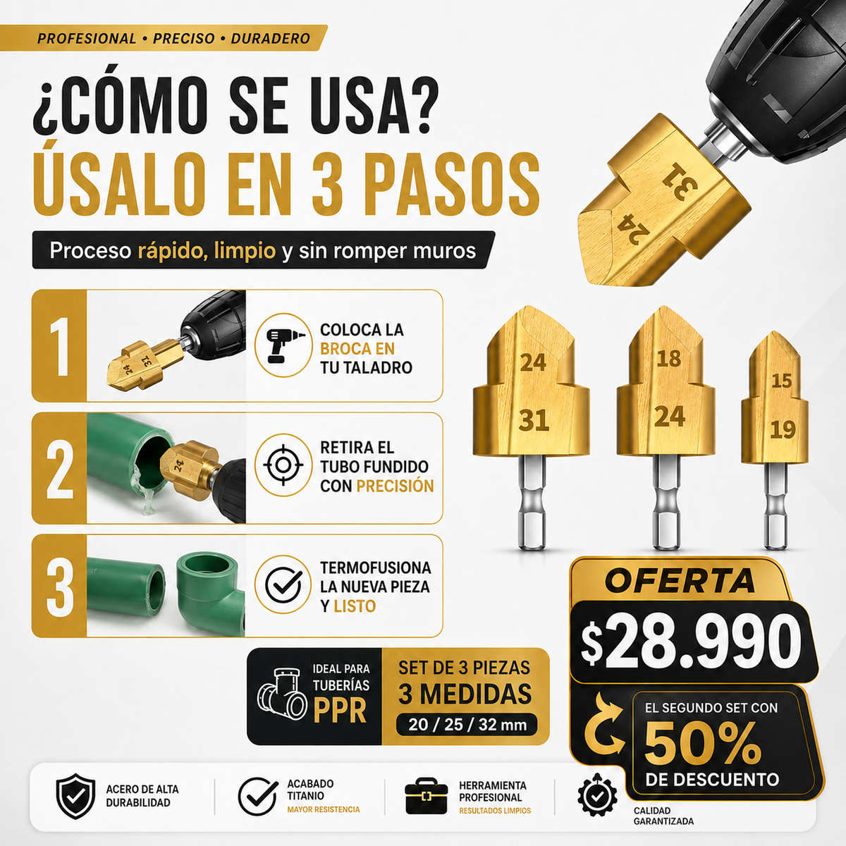 set 3 Brocas para recuperar conexión tubo ppr