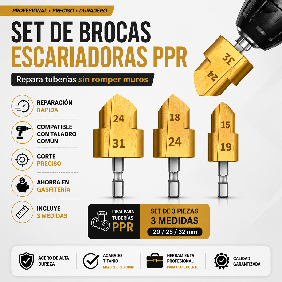 set 3 Brocas para recuperar conexión tubo ppr