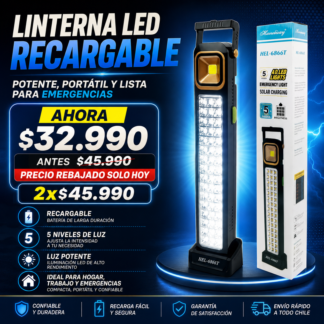 LAMPARA SOLAR LUZ EMERGENCIA RECARGABLE