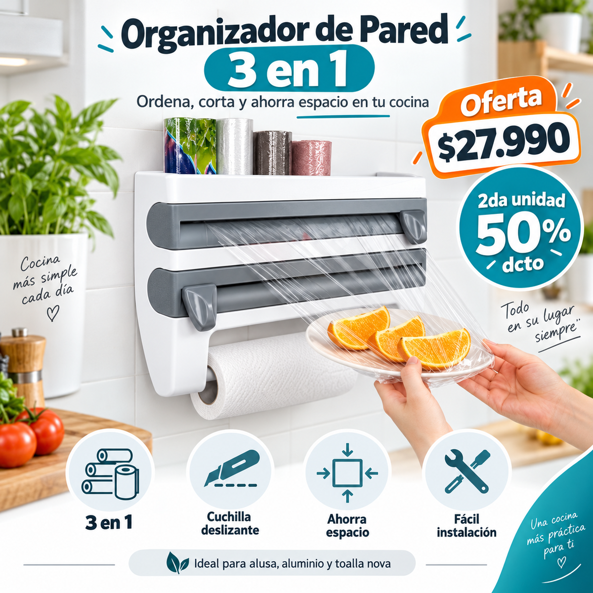 Dispensador y Organizador De Rollos de Papel para Cocina