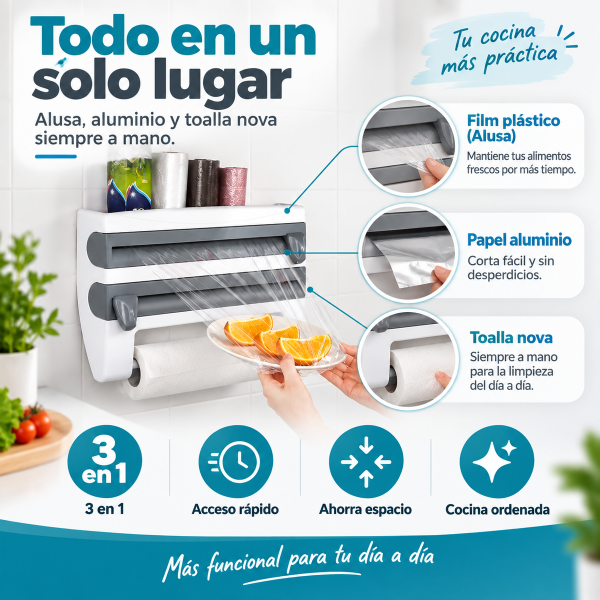 Dispensador y Organizador De Rollos de Papel para Cocina