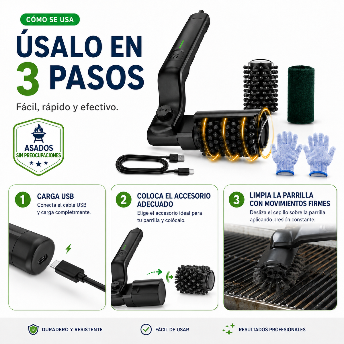 Cepillo Limpia Parrilla con Cabezal Ajustable + Accesorios de regalo