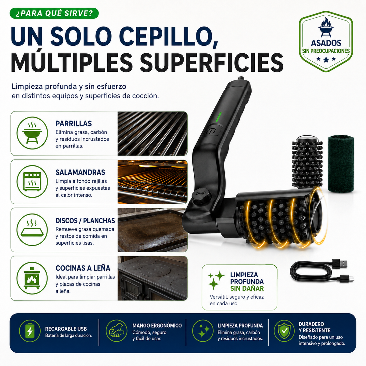 Cepillo Limpia Parrilla con Cabezal Ajustable + Accesorios de regalo