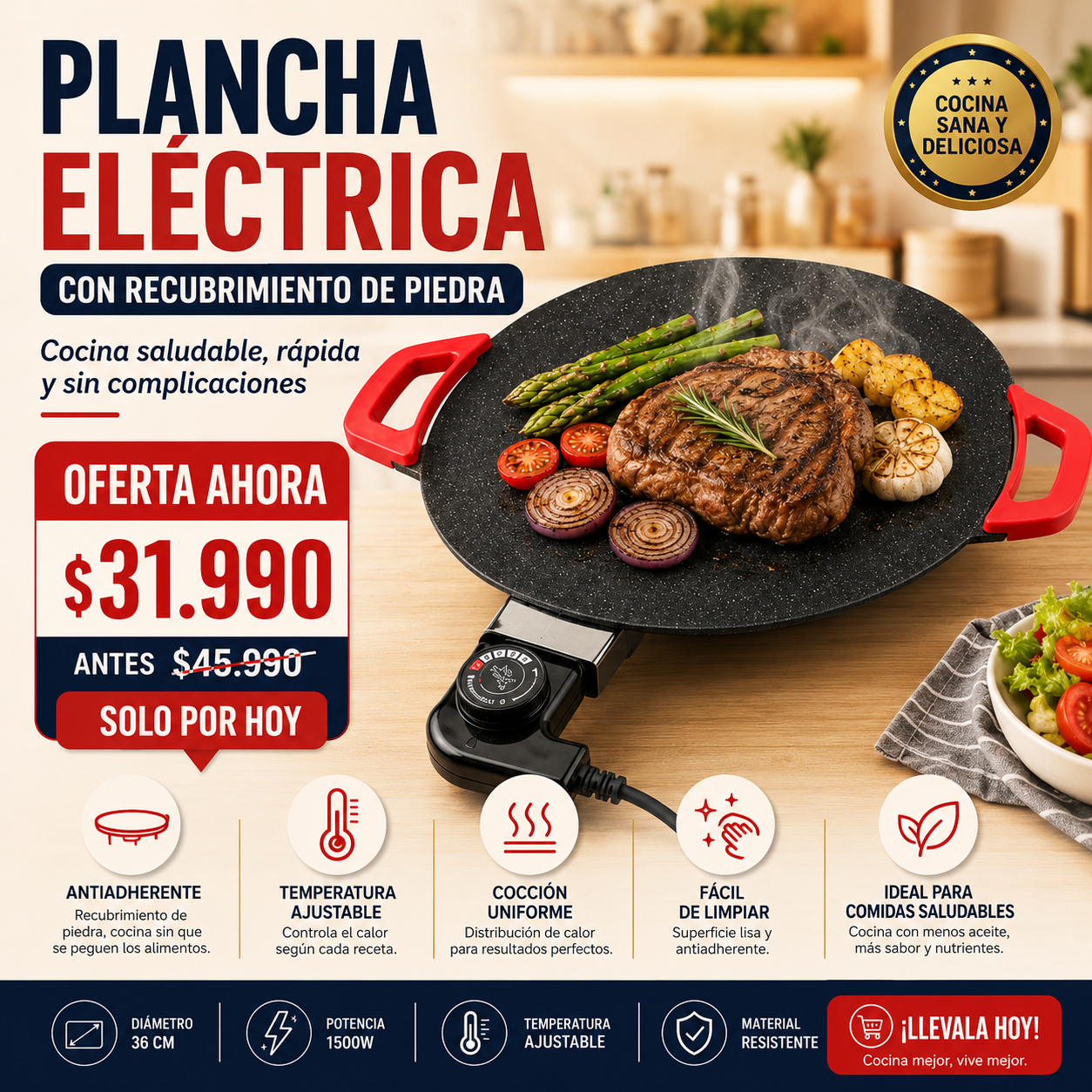 Plancha Eléctrica 36cm - AHORRO MÁXIMO DE GAS (COCINA SANA SIN ACEITE) 🍳🥩