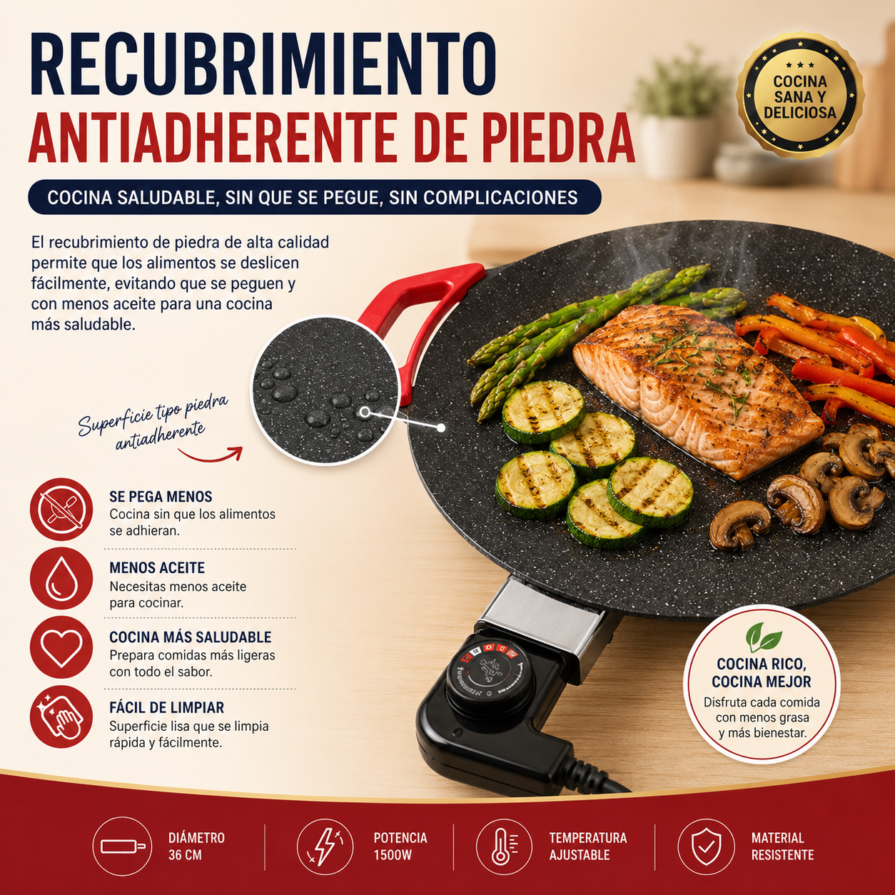 Plancha Eléctrica 36cm - AHORRO MÁXIMO DE GAS (COCINA SANA SIN ACEITE) 🍳🥩
