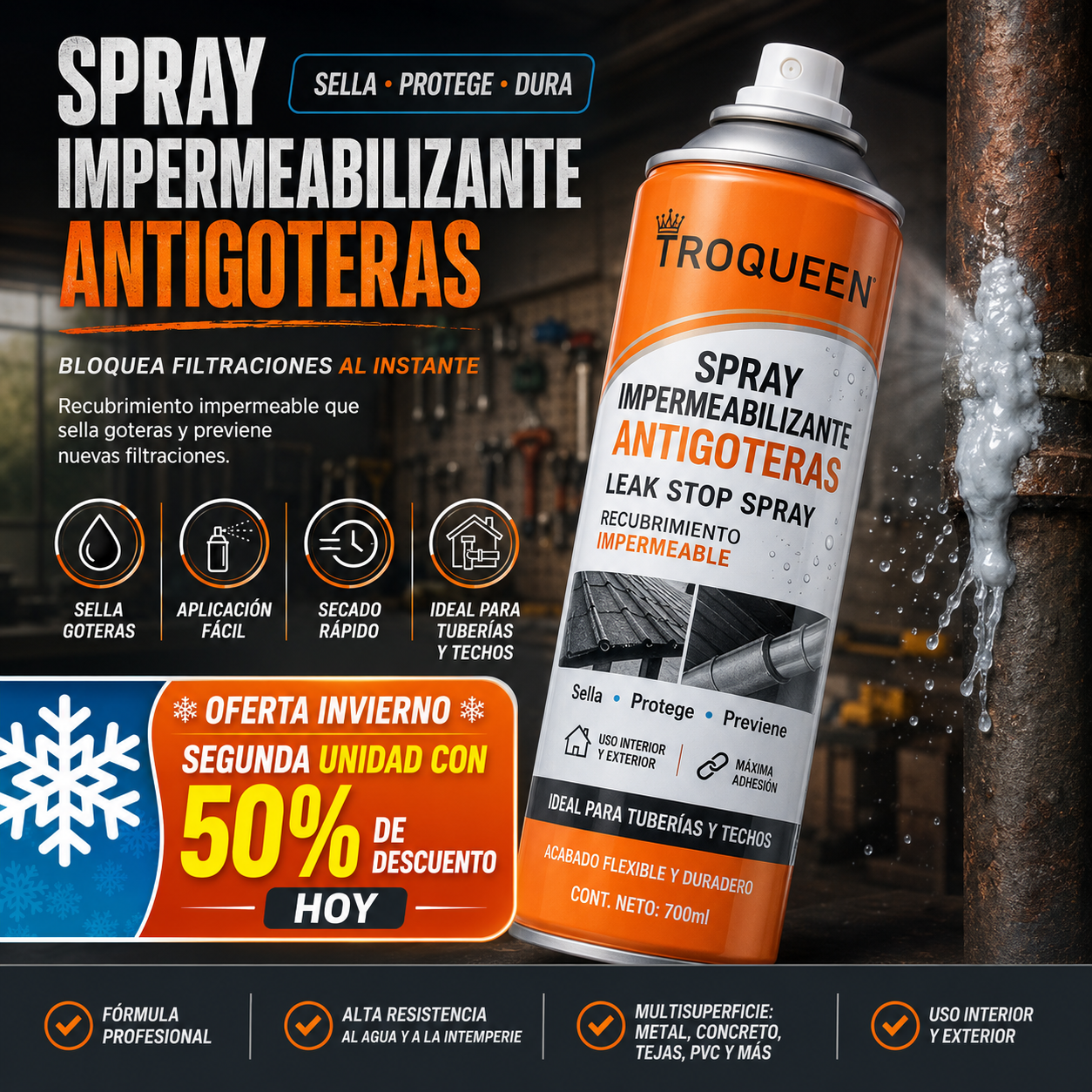 SPRAY ANTI GOTERAS 700ml - RECUBRIMIENTO DE CAUCHO FLEXIBLE PARA TECHOS, CANALETAS Y TUBERÍAS