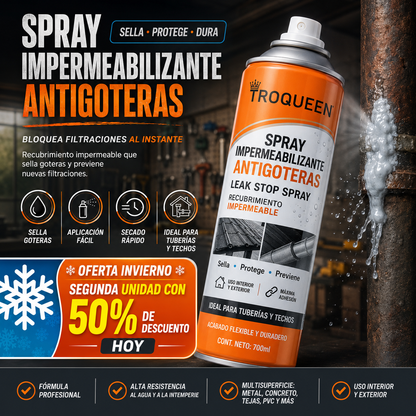 SPRAY ANTI GOTERAS 700ml - RECUBRIMIENTO DE CAUCHO FLEXIBLE PARA TECHOS, CANALETAS Y TUBERÍAS