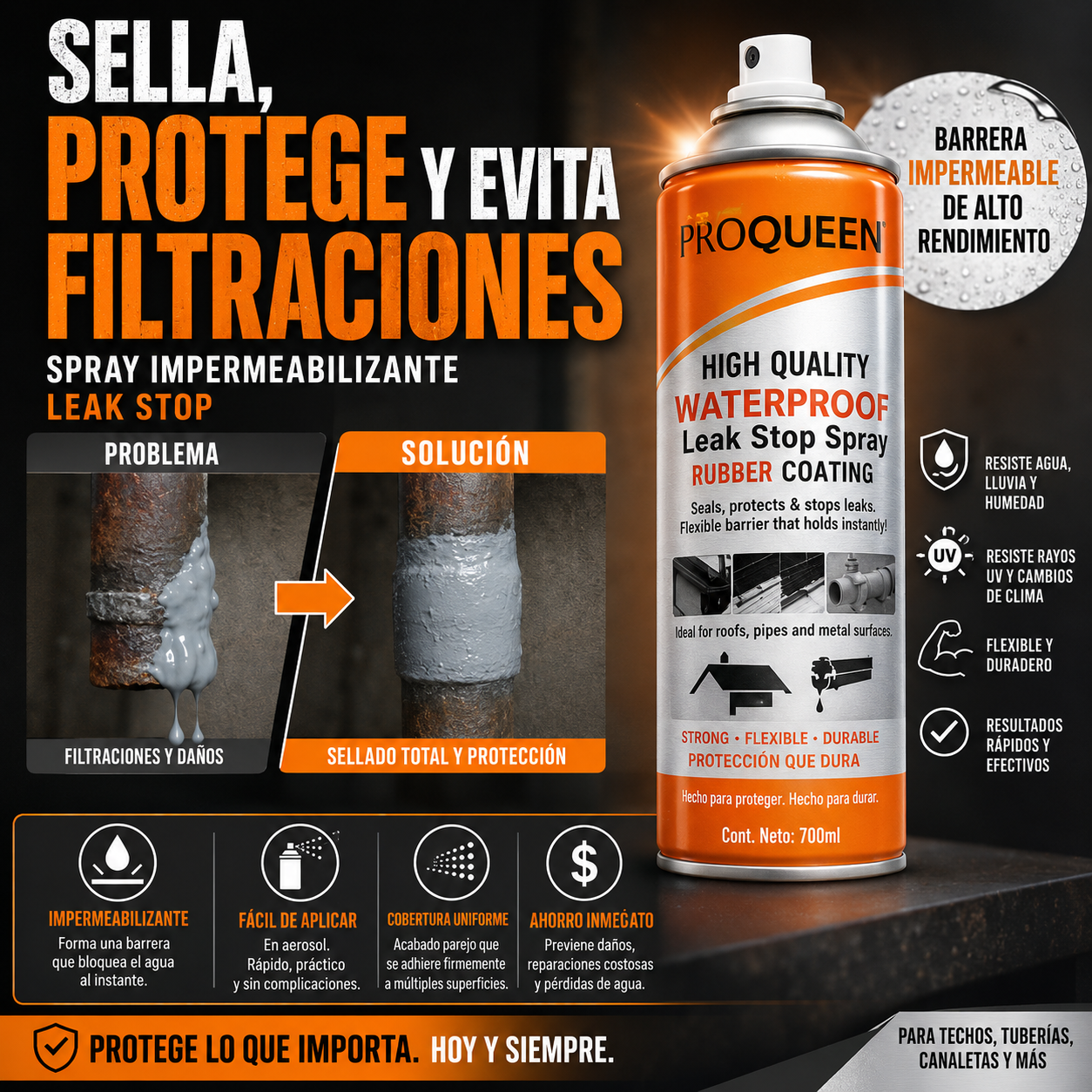 SPRAY ANTI GOTERAS 700ml - RECUBRIMIENTO DE CAUCHO FLEXIBLE PARA TECHOS, CANALETAS Y TUBERÍAS