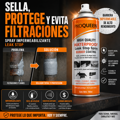 SPRAY ANTI GOTERAS 700ml - RECUBRIMIENTO DE CAUCHO FLEXIBLE PARA TECHOS, CANALETAS Y TUBERÍAS