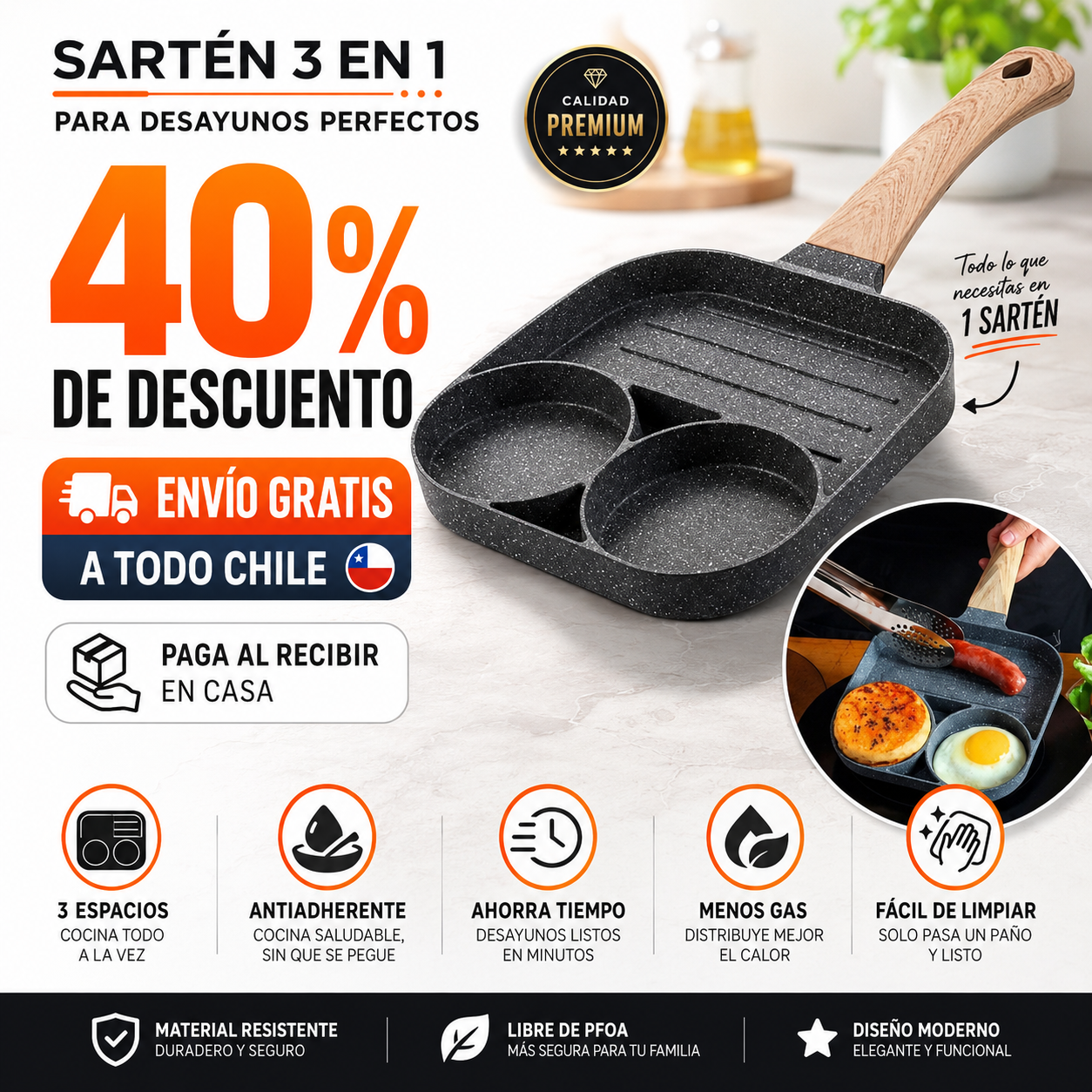 Sarten 3 espacios antiadherente
