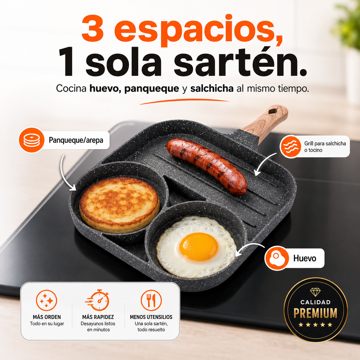 Sarten 3 espacios antiadherente
