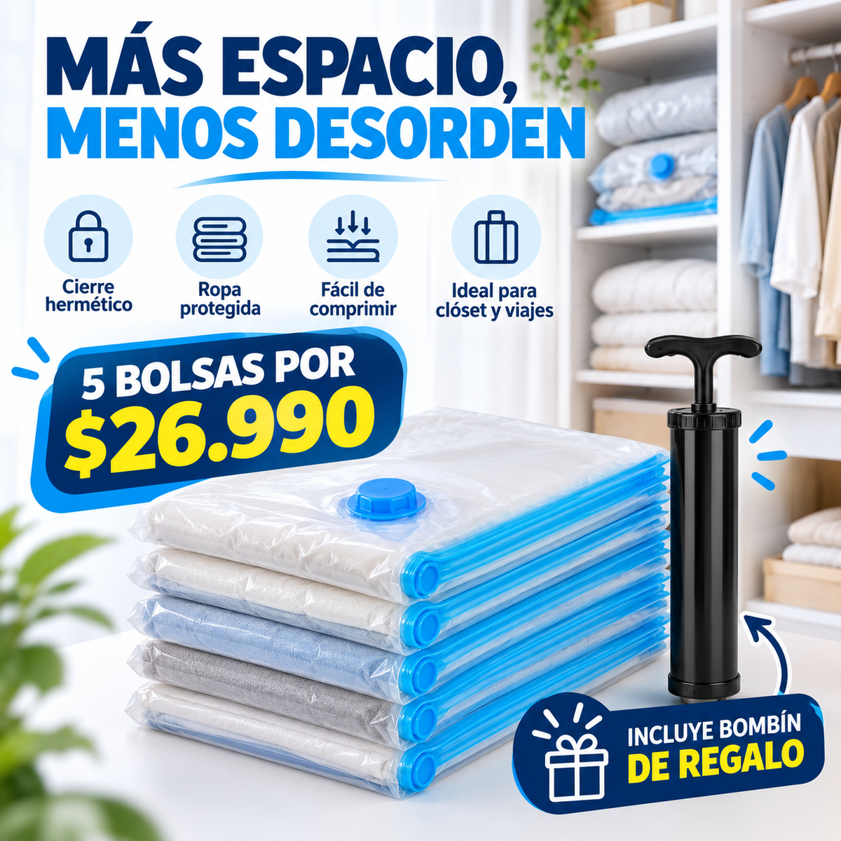 Pack 5 Bolsas De Vacío Organizadoras con Bombin