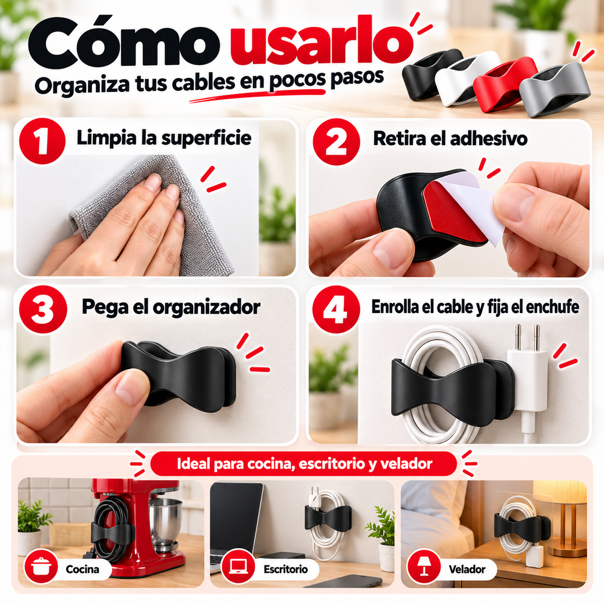 ORGANIZADOR DE CABLES ENROLLABLE PACK 3 UNIDAD